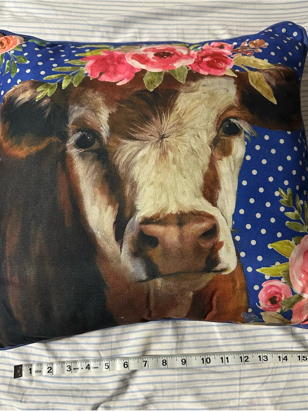 Decorative Cow Print Throw Pillow - Blue with Pink Floral Accent